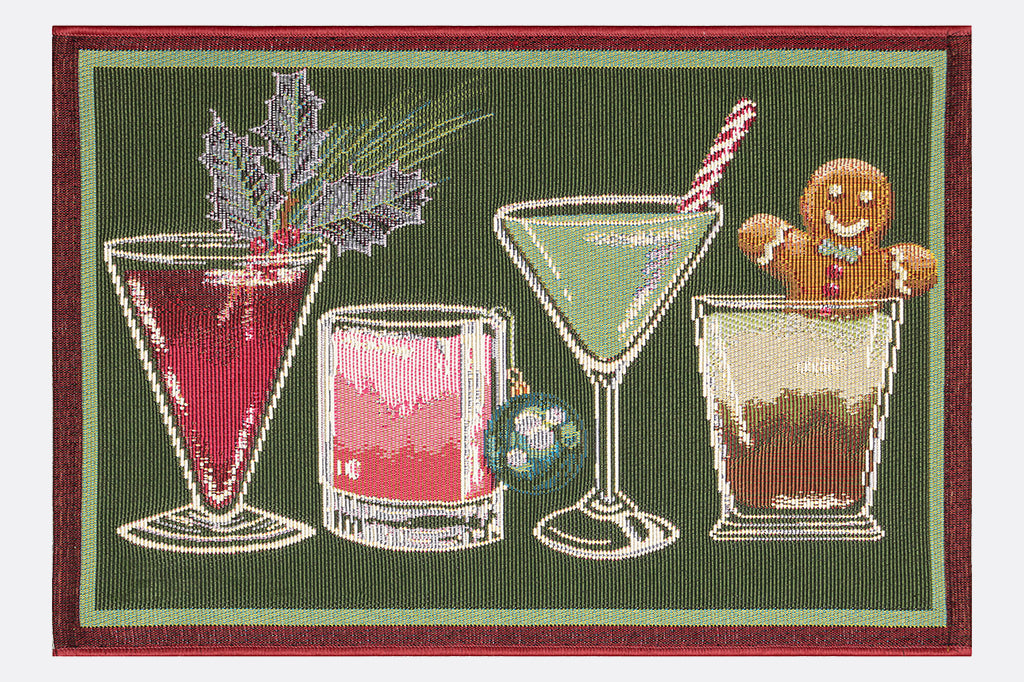 indoor/outdoor doormat with holiday coctal theme showing glassware and a gingerbread man