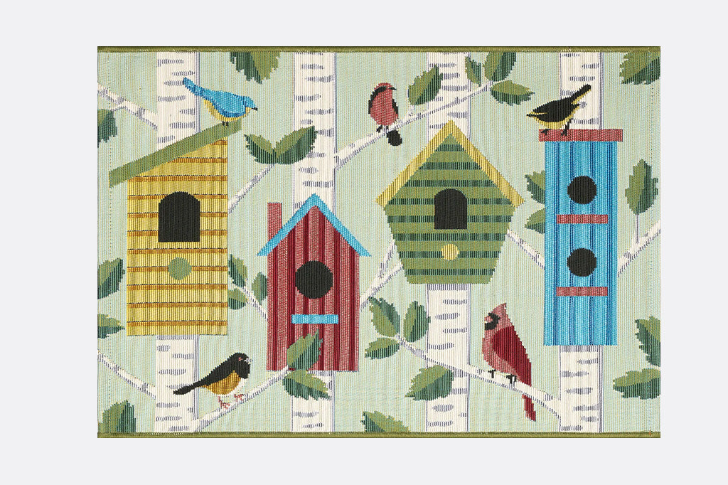 Colorful birdhouses and birds on a green background