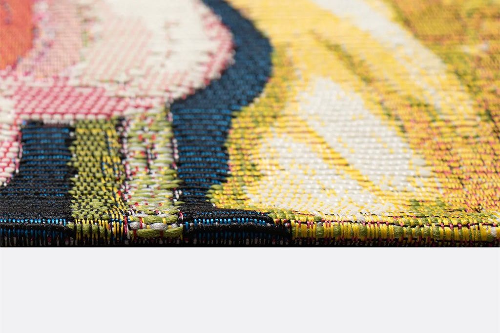 Close-up of a colorful woven fabric with a multicolor pattern