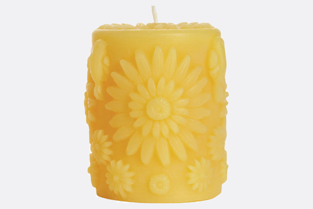 Beeswax pillar candle with dimensional flower and bird motifs