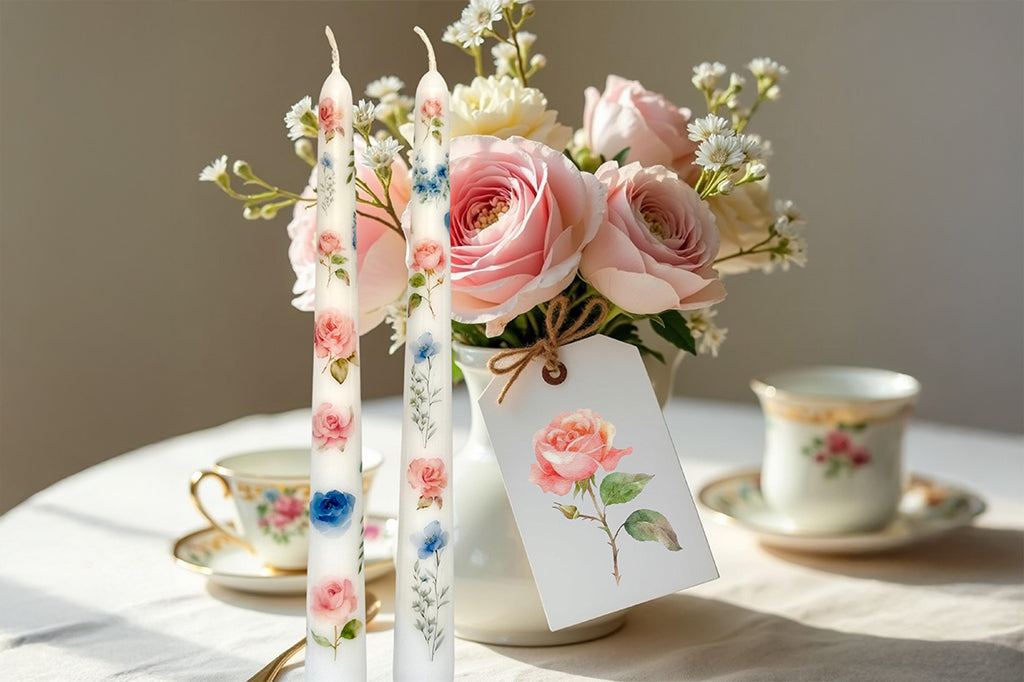 Decorative candles with floral patterns next to a vase of flowers and teacups on a table.