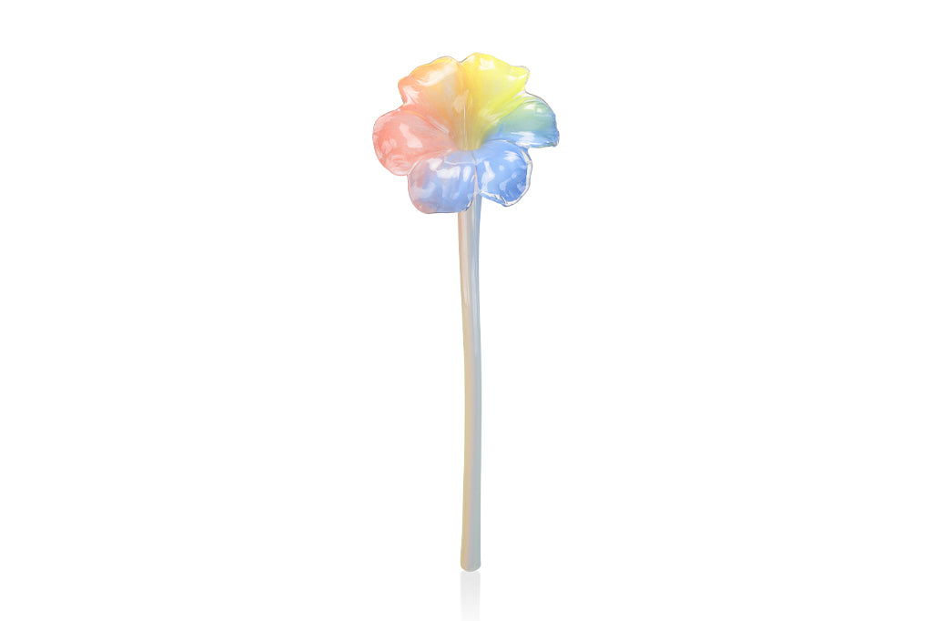Art glass flower in rainbow colors, soft blues, pinks, oranges and yellow petals
#color_rainbow