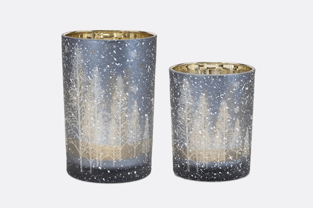 2 candleholders with printed, multi layer tree design on glass