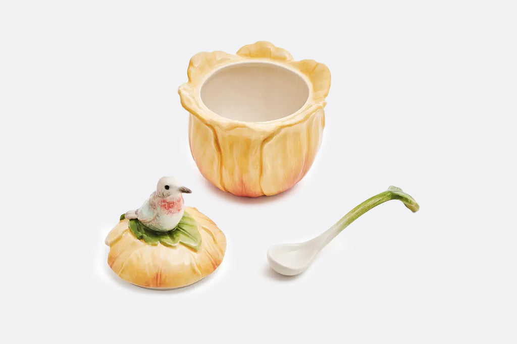 3 parts of condiment server shown: blossom vessel, lid with bid, leaf spoon