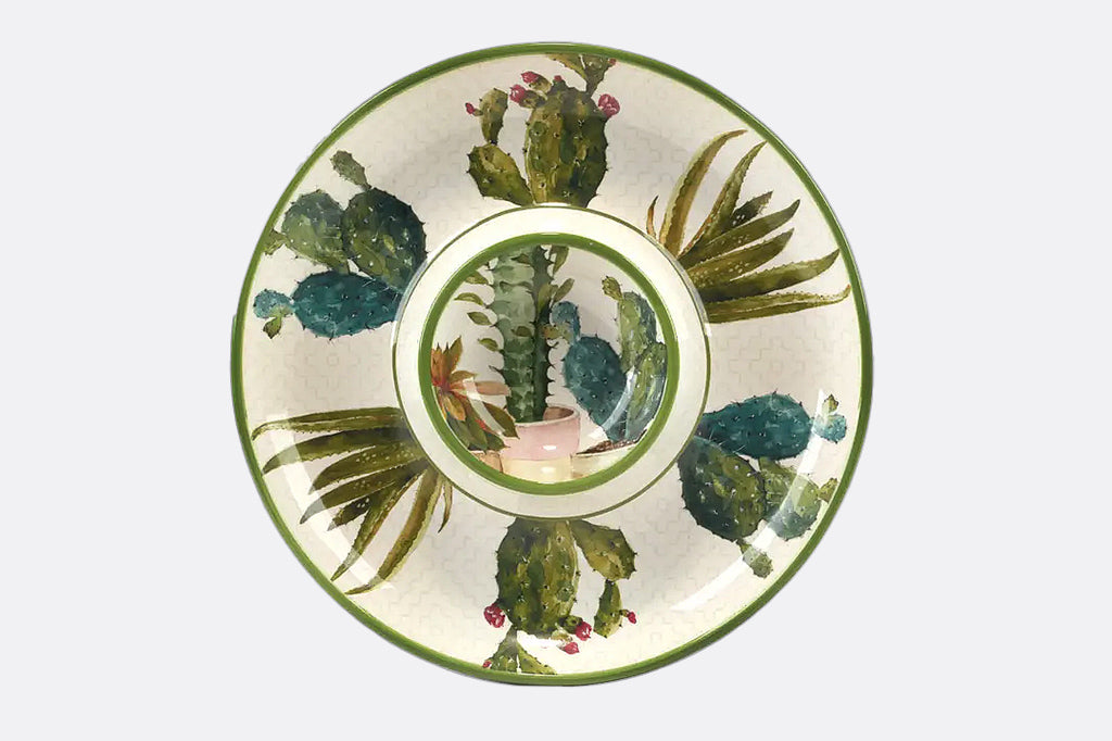  ceramic chip and dip platter, featuring multiple watercolor cacti 