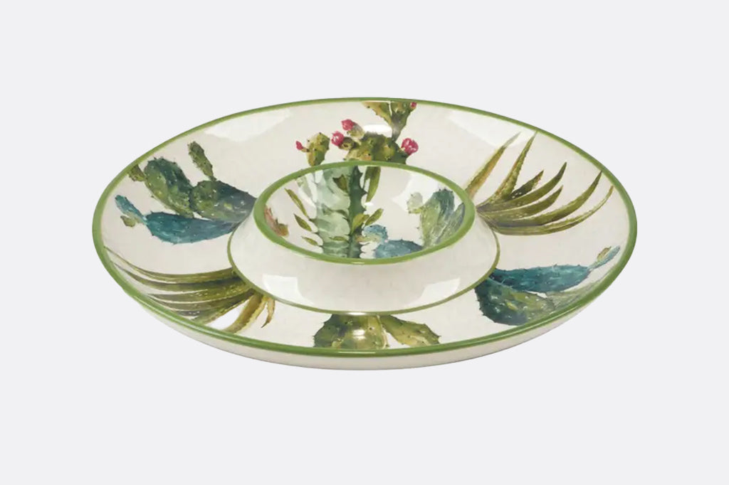  ceramic chip and dip platter, featuring multiple watercolor cacti 