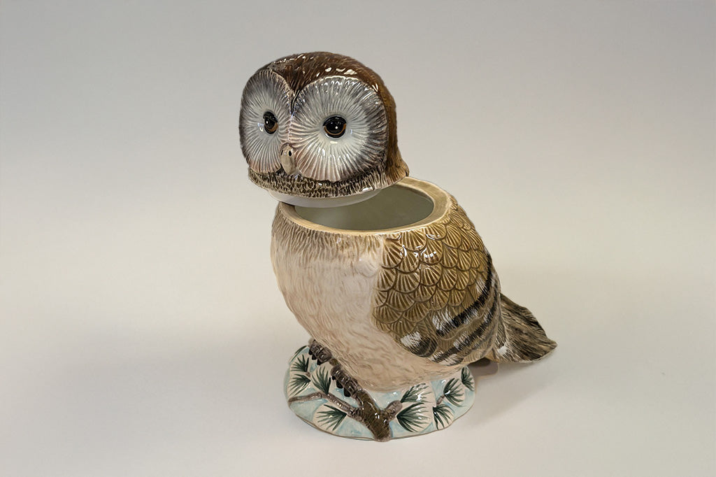 Ceramic owl-shaped cookiejar on a plain background, the lid is the owl head, shown slightly ajar