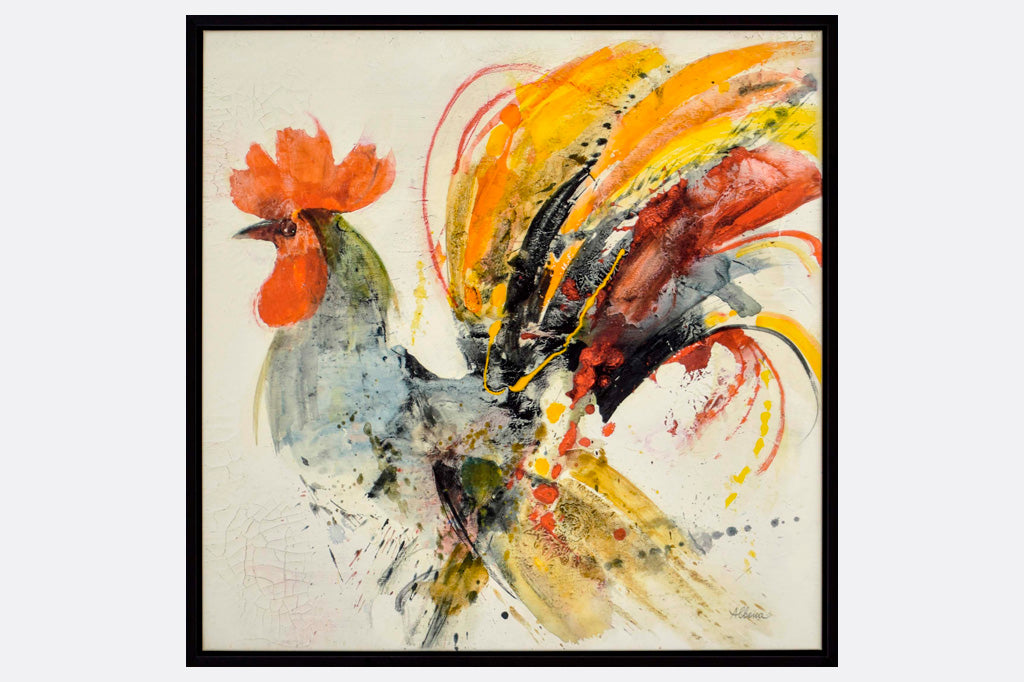 Framed art print of rooster done in energetic, colorful  paint style