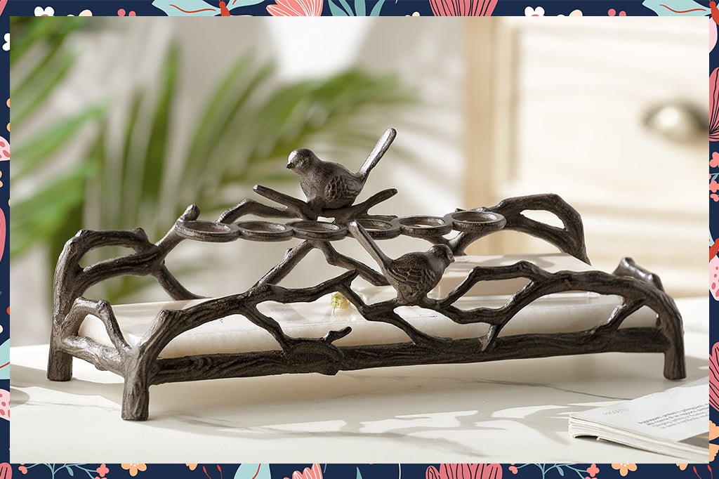 bird and branch sculptural vanity tray with marble base 