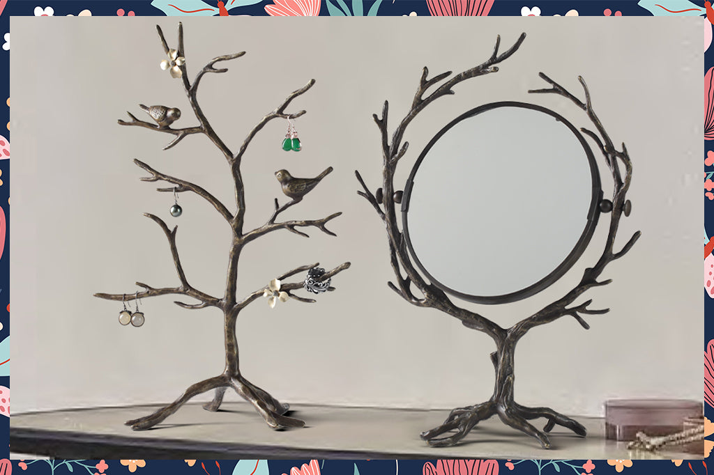 Cast metal sculptural bird and branch jewelry holder and matching vanity mirror 
