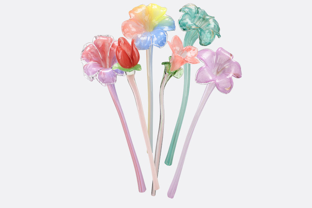 mix of glass flowers with long stems in assorted colors