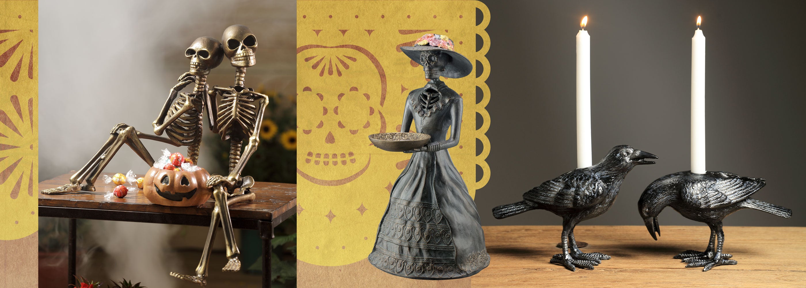 DIA DE LAS MUERTAS papel picado imagery with sculptures of skeletons, la catrina, and ravens