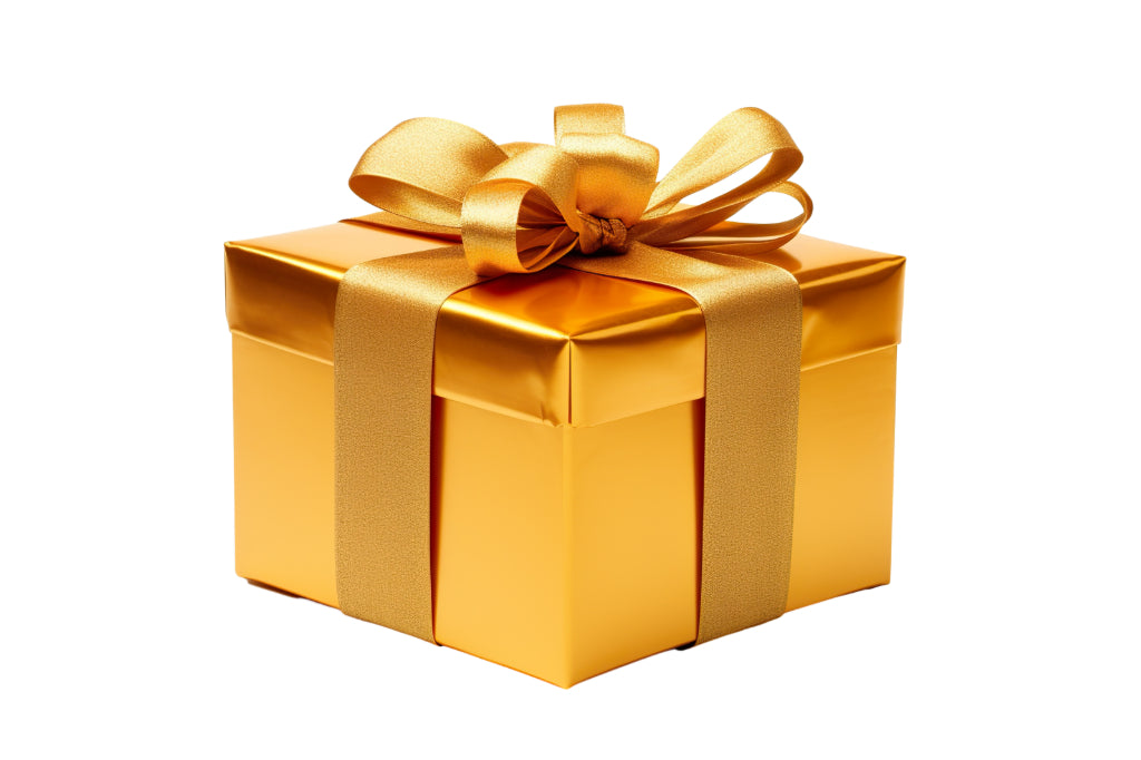 gold wrapped gift box with gold bow