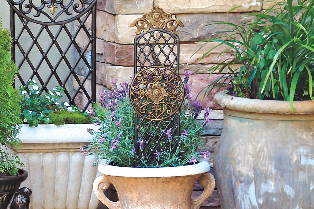Girasole planter trellis shown in outdoor pot outside house with lavender plant growing around it