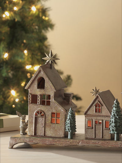 closeup detail of christmas village scene decor 