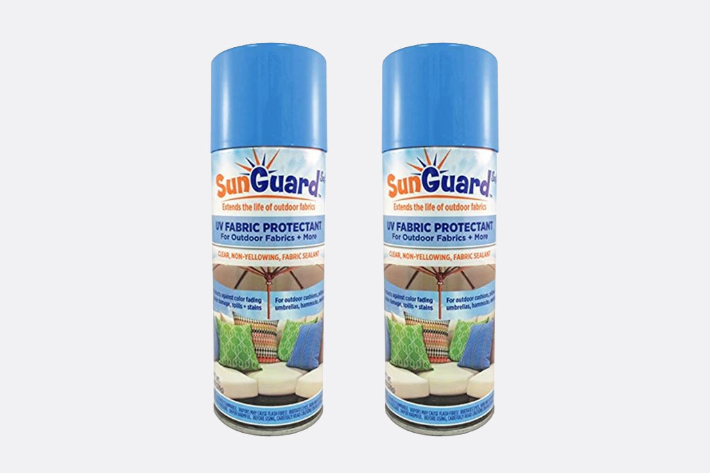 Two cans of SunGuard UV Fabric Protectant spray for outdoor fabrics and rugs, shown side by side on a light gray background.