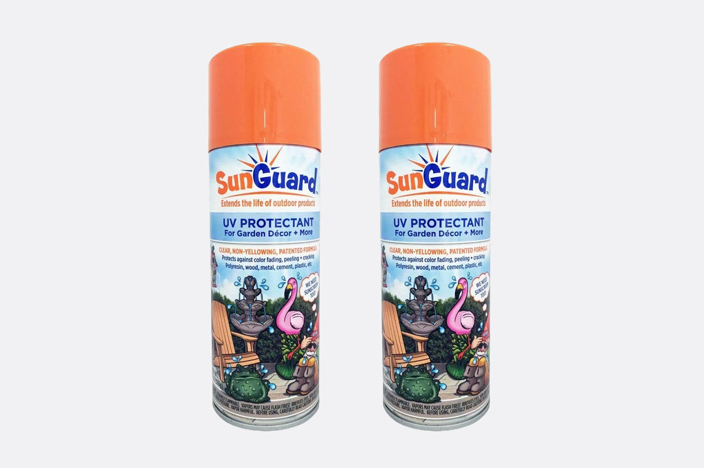 Two aerosol cans of SunGuard UV Protectant spray for garden sheds and sheds, shown side-by-side on a light gray background.