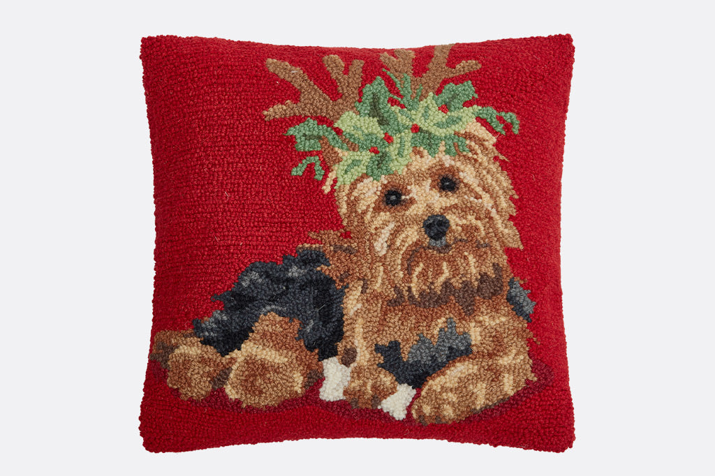 hooked wool pillow, red background with yorkie terrior dog wearing antlers on front, velvet backing