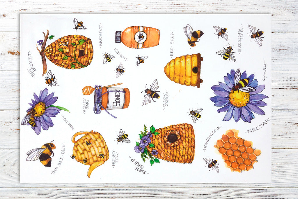 Coordinating bees and flower tea towels with honey and buzzing bees 