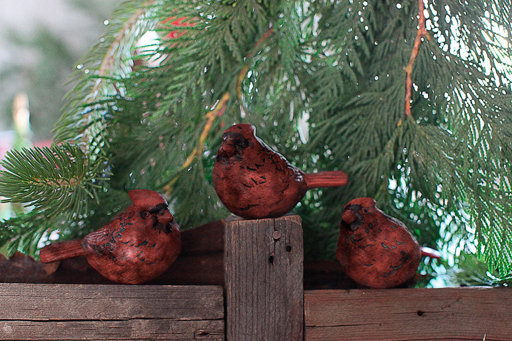 Set of three red cardinal bird figurines on a decorative fence with evergreen branches in the background