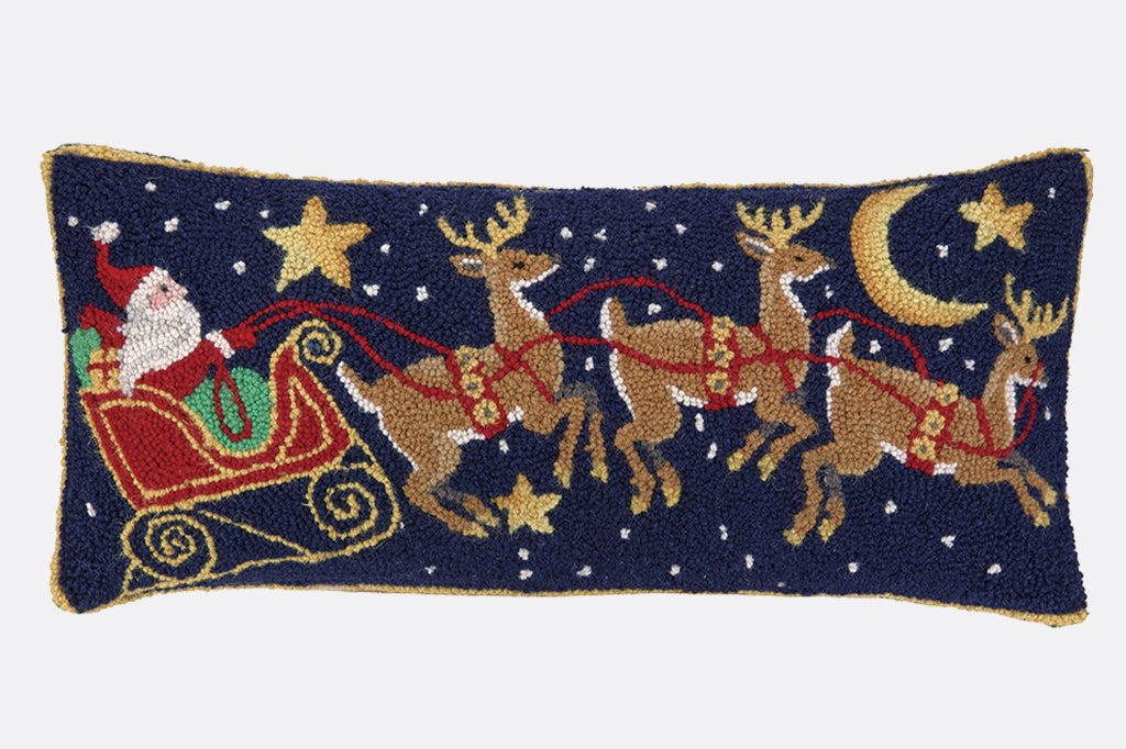 santa with sleigh and reindeers flying lumbar pillow 