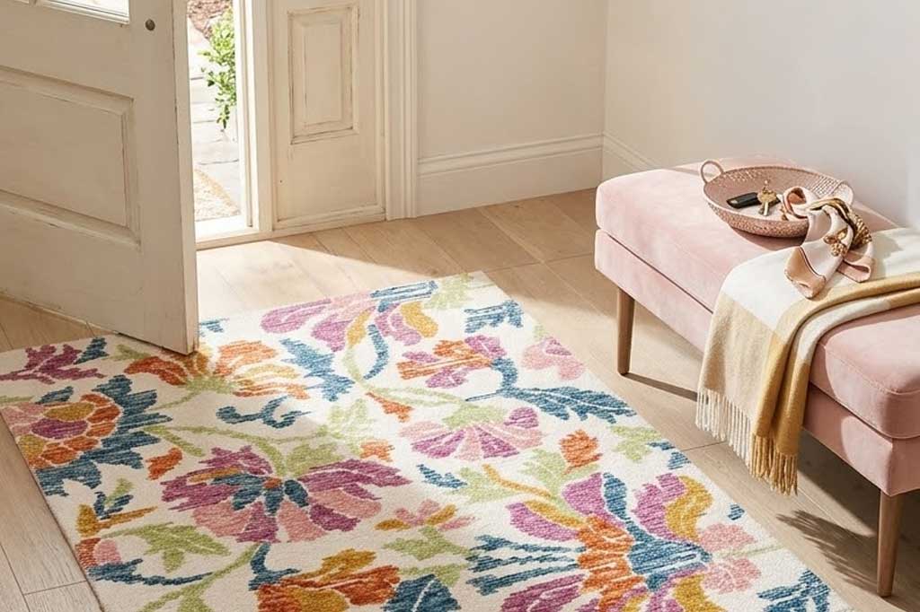Colorful floral rug on a wooden floor with a pink ottoman and door open to a garden.