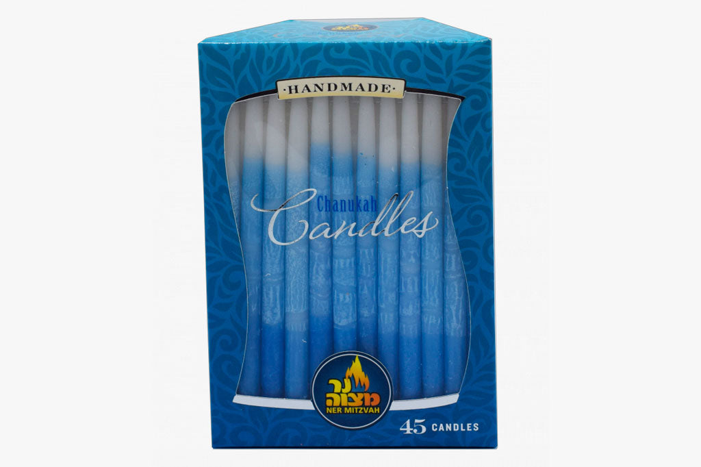 Pack of 45 Hanukah candles, gradient blue to light blue to white candles. 