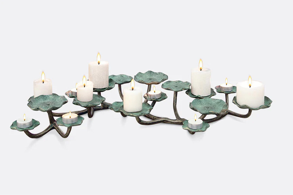 lily pad themed table candelabra holds a variety of candle sizes from pillar to tealight