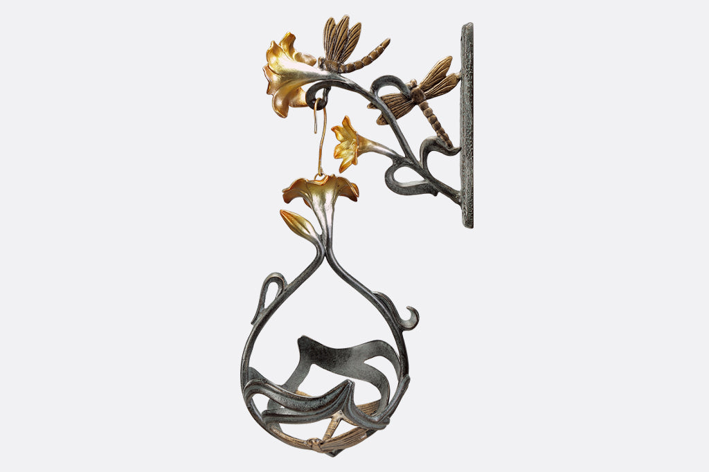 Reverse side of wall hook and hanging planter with motif of golden lilies and dragonflies