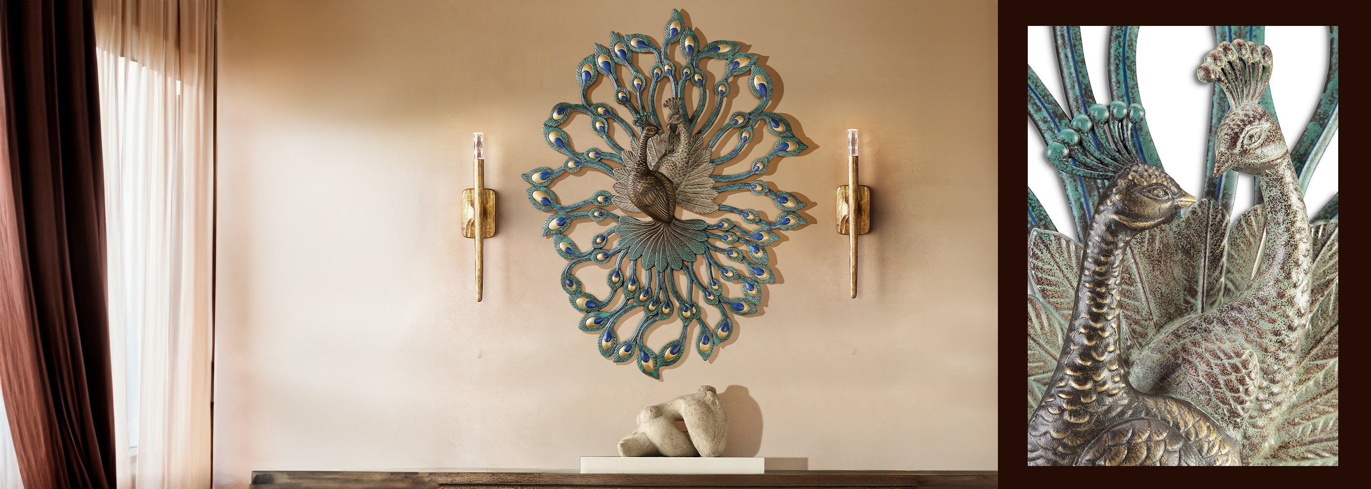 Huge peacock wall art shown on cream wall in luxury interior living space, flanked by golden lamp sconces and above wood console table; inset photo of closeup of two intertwined peacocks from the wall sculpture