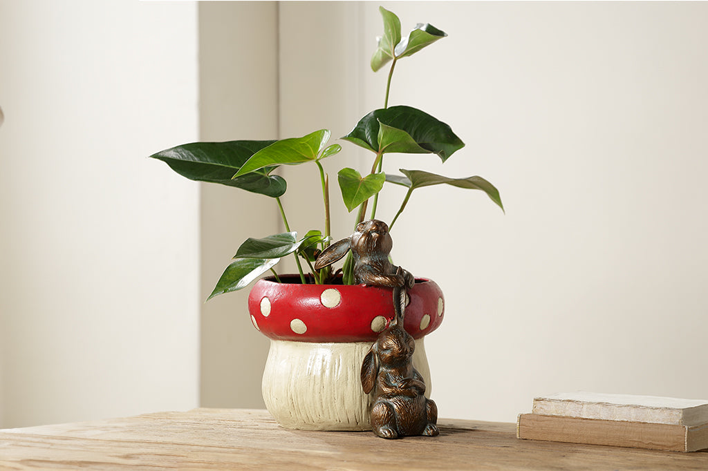 red spotted mushroom planter with two playful bunnies tugging at ones ears . Styled on table with green leafy plant 