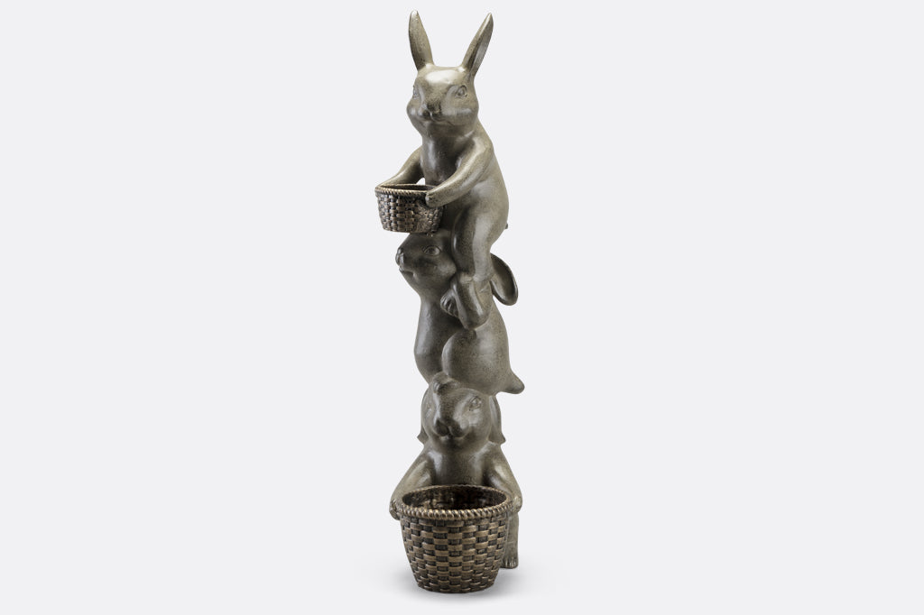 cast metal trio bunny stacked planter with two planters. one at base of sculpture the other in the paws on top bunny. Face left 