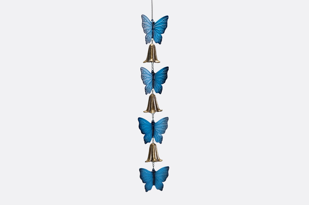 cast metal blue butterfly and bell windchime