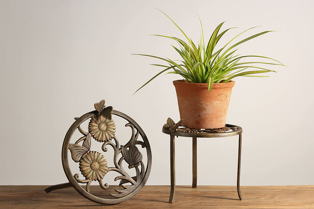 Cast Metal plant stand with removable butterflies. Design of flower and butterfly details. Shown with a plant 