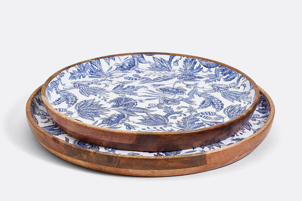 Large mango wood tray platters enameled with jeweltone blue jaquard floral print - shown stacked