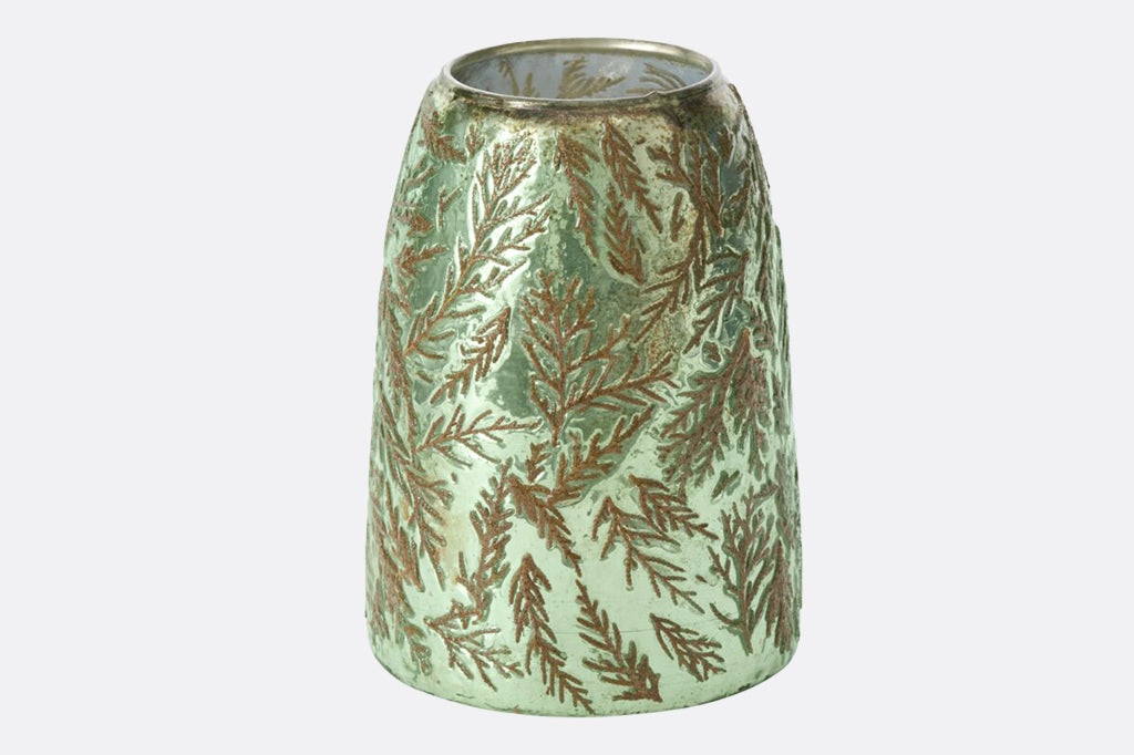 Mercury glass green vase with juniper texture and design on exterior 