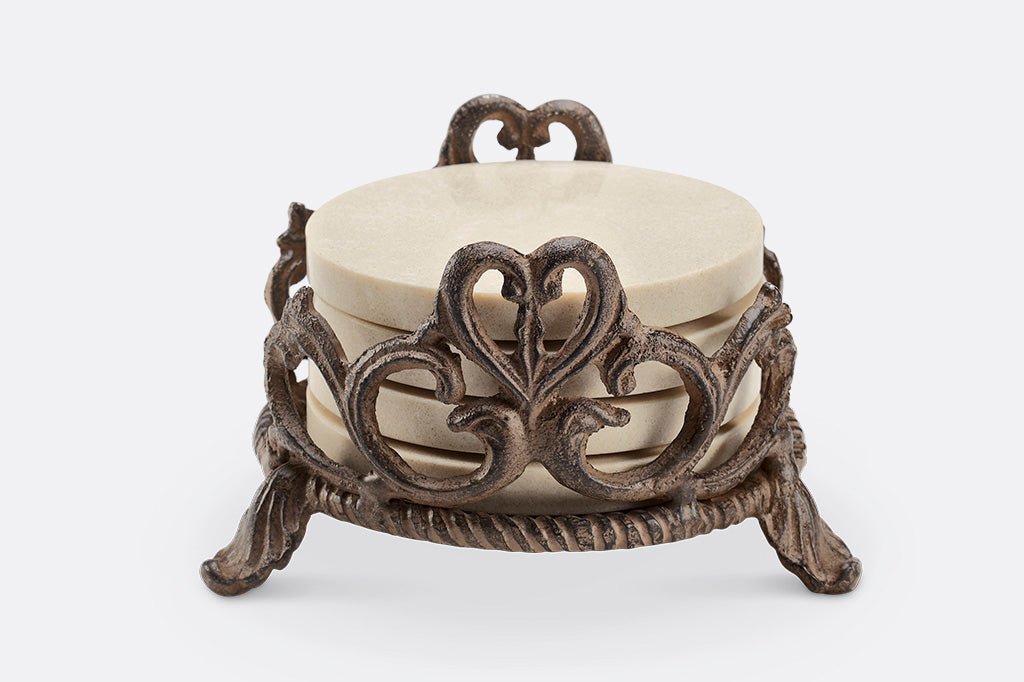 marble coaster set in metal ornate holder 