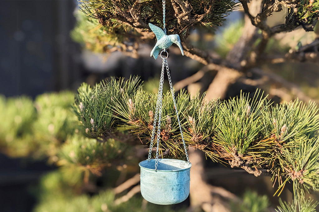 Small hanging planter pot with cast metal hummingbird with verdigris patina finish