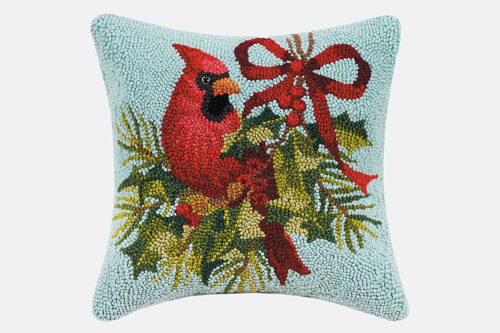 Holiday Cardinal Hooked Pillow