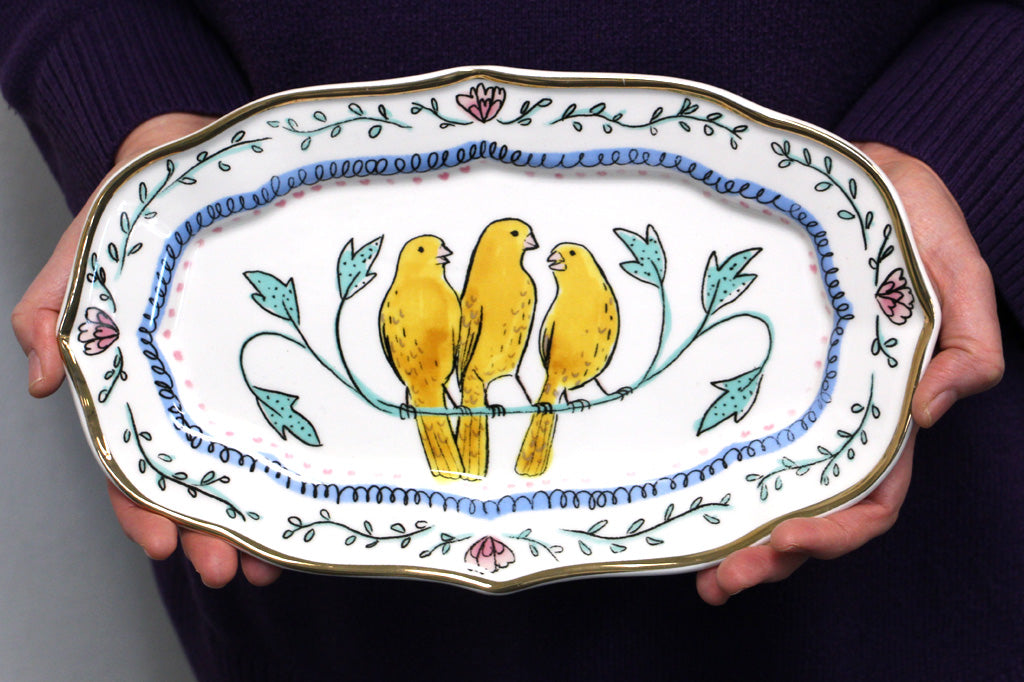Canary Trio Decorative Ceramic Plate held in hands