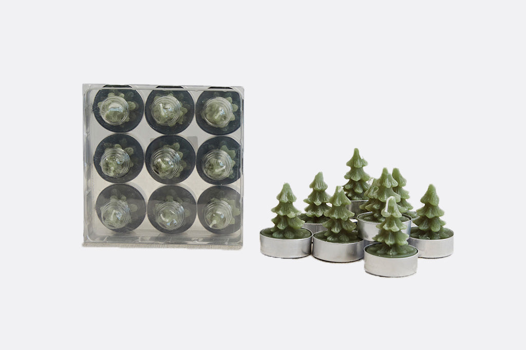 tiny forest tealights in green comes in set of 9