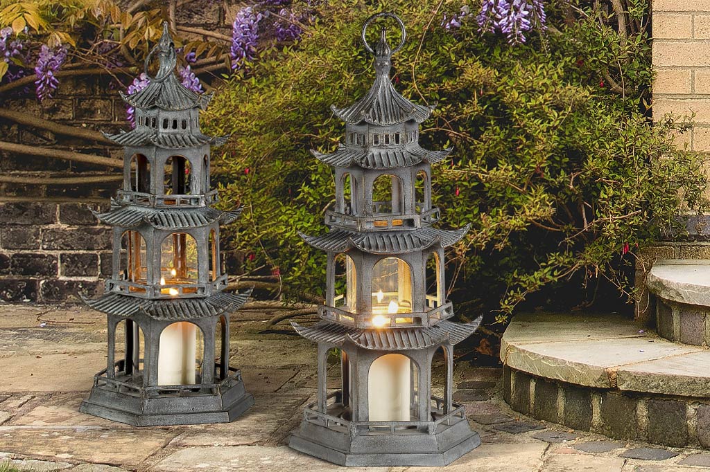 Two Ming Temple Lanterns by stone steps and a wisteria vine