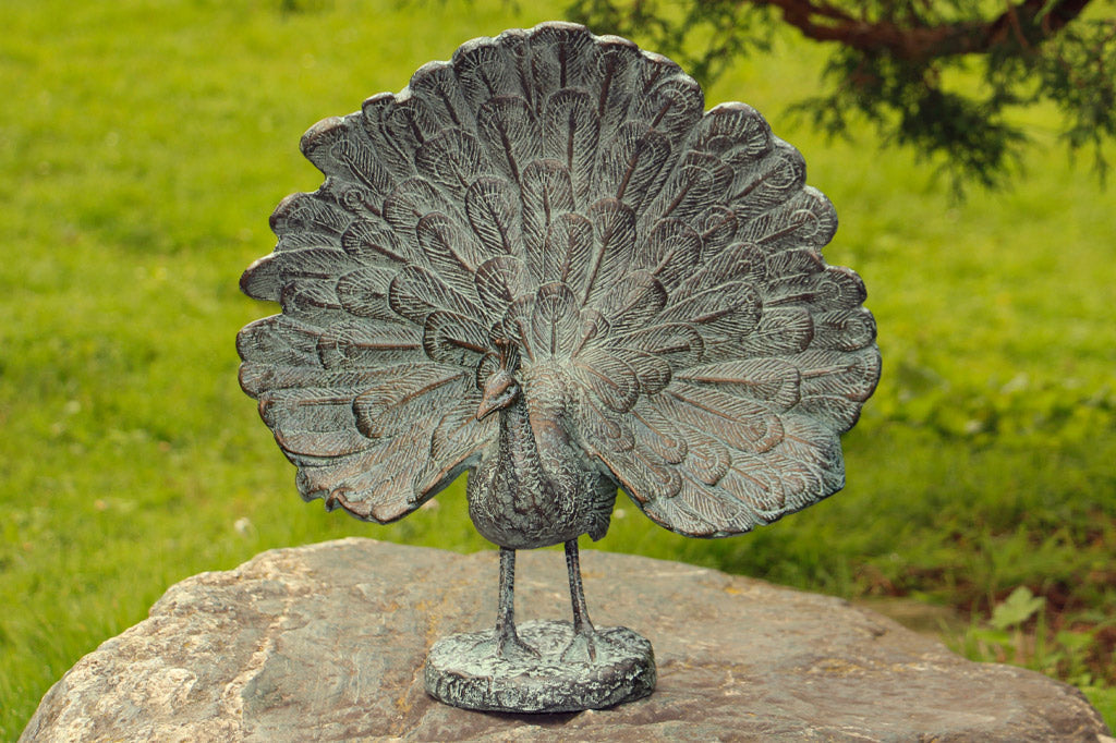 Peacock statue on outdoor rock