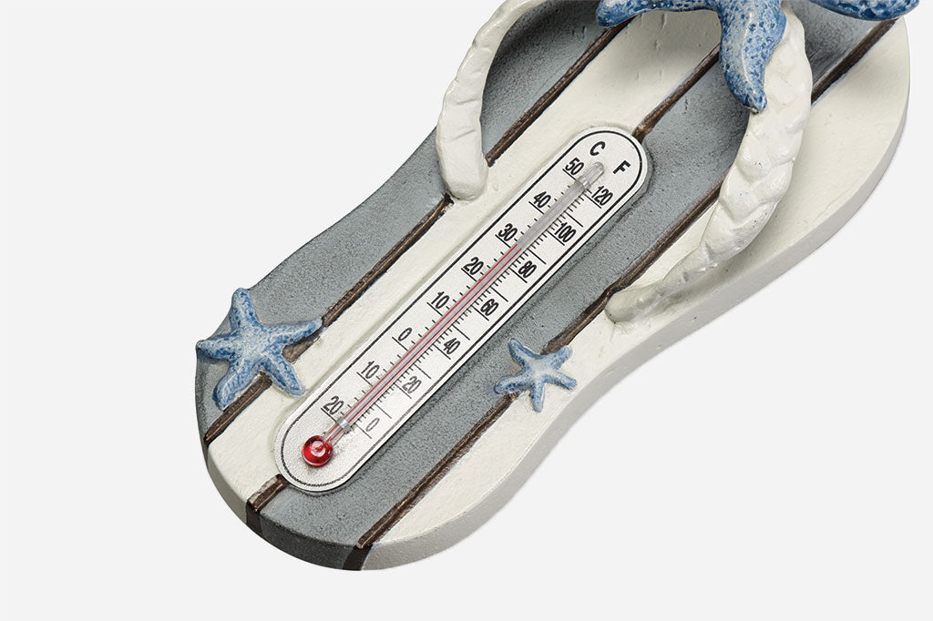 Coastal style Flip Flop Thermometer with blue and white stripes and 3 seastar accents