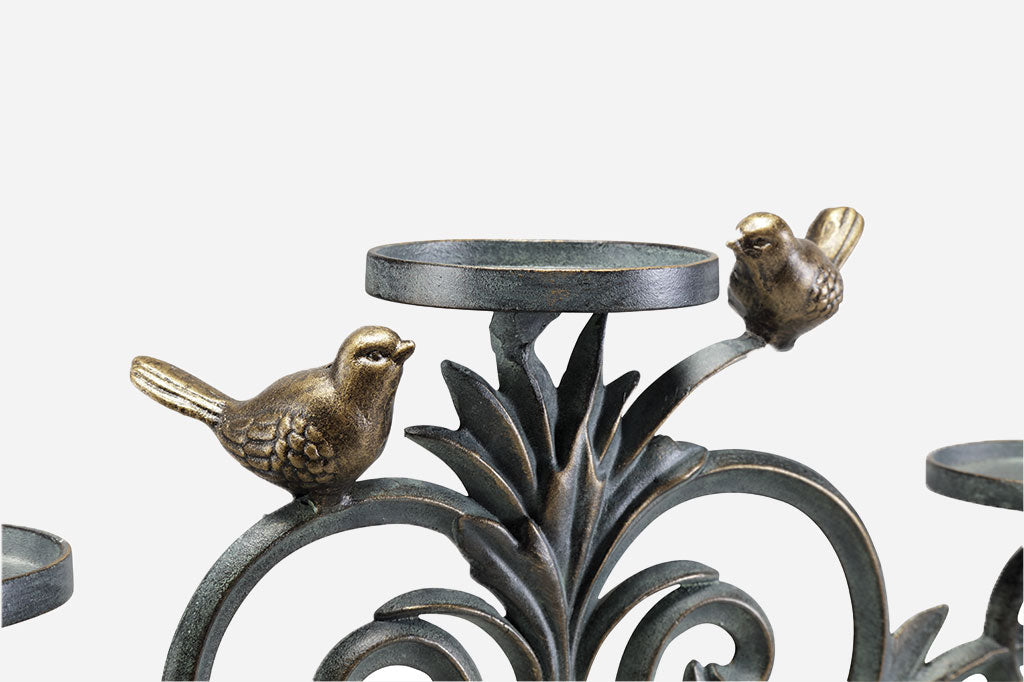 Uccelli e Alloro Pillar Candelabra close up of bronze bird details