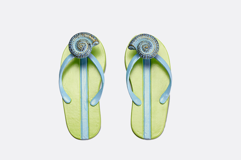 Striped Flip Flop pair with whorl shell is a pair of wall hooks in soft green and blue