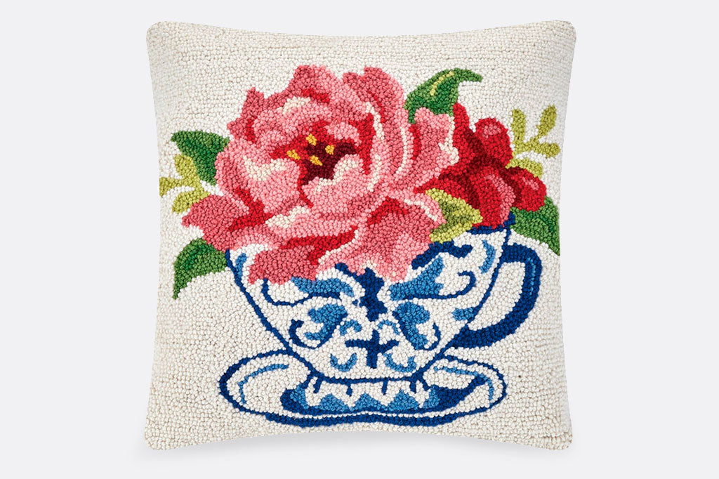 Tea Time and Roses Hooked Pillow