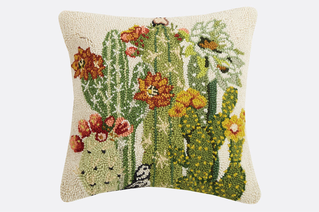 cactus hooked pillow with flowering cactus 