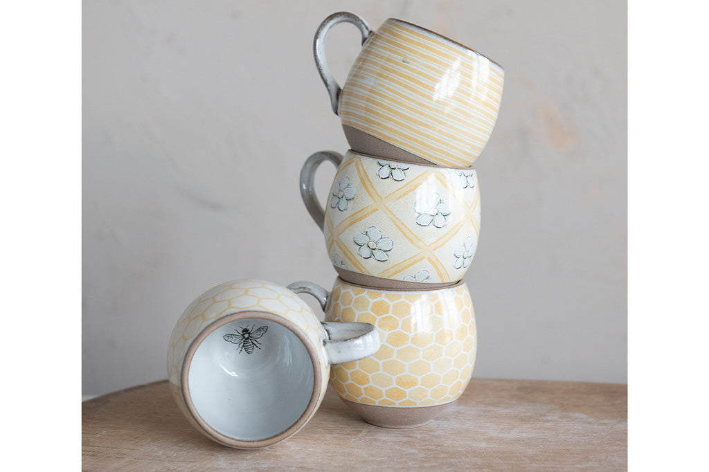 4 mismatched be print stoneware mugs