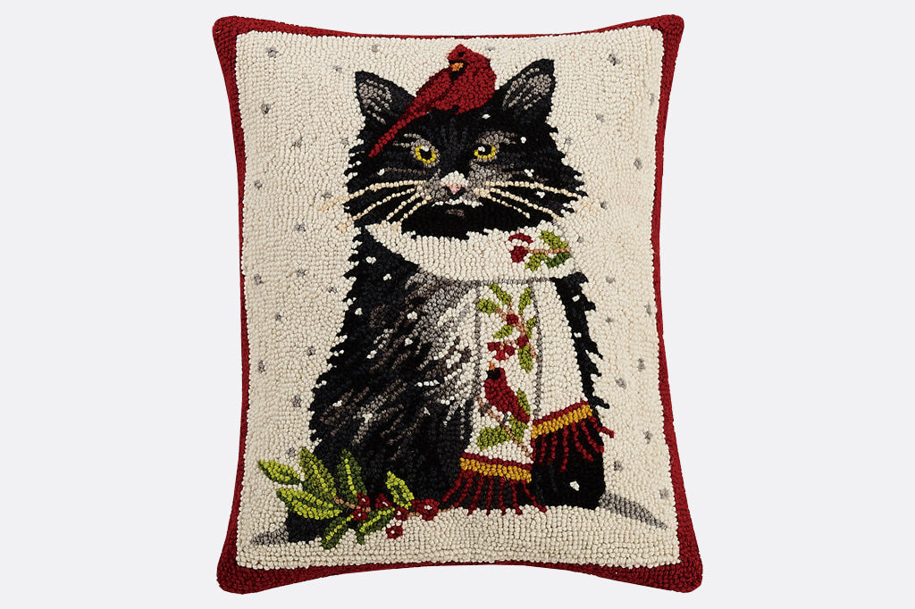 Cardinal Cat Hooked Pillow
